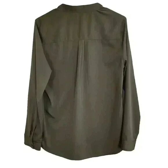 Banana Republic Women's Khaki Green Polyester Long Sleeve V-Neck Shirt w Gold Zi - Picture 8 of 9